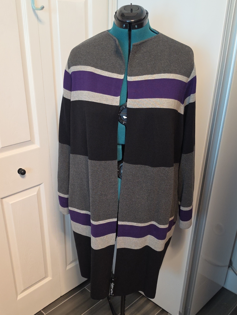 Calvin Klein Gray Black and Purple Striped Open Cardigan